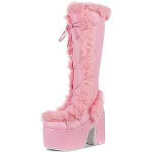 ⚡Womens Pink Synthetic Mid Calf Lace Up Chunky High Heel Warm Fur Snow Boots
